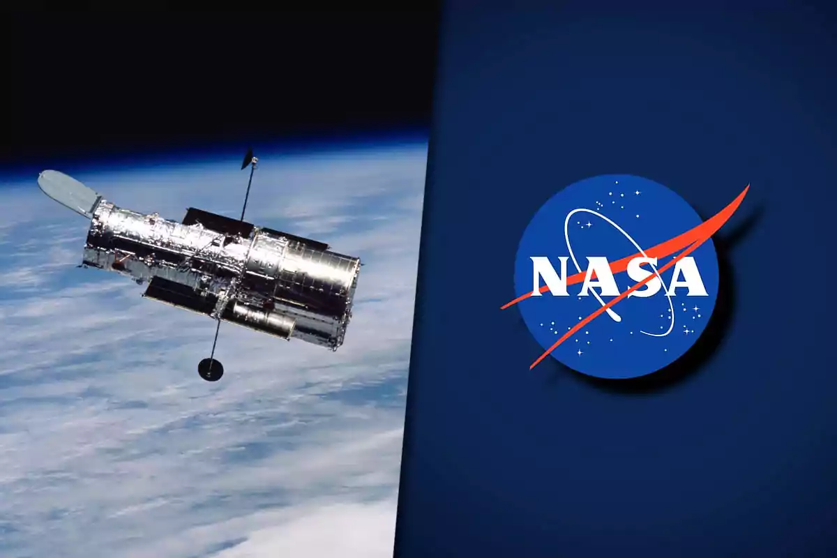 A space telescope in orbit above the Earth next to the logo of a space agency.