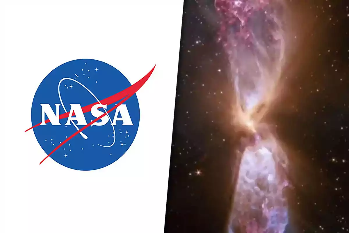 Logotipo de la NASA junto a una imagen de una nebulosa en el espacio.