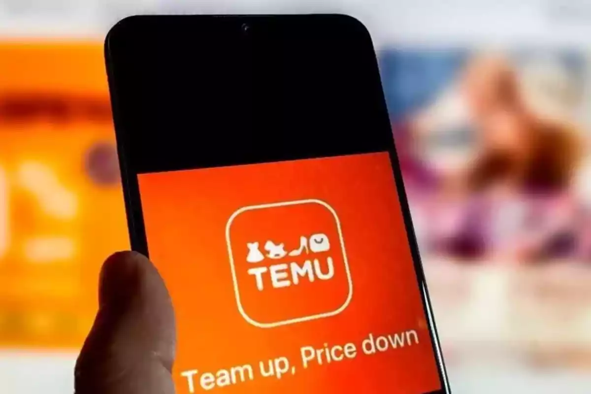 A hand holds a mobile phone displaying the TEMU app's home screen with the slogan "Team up, Price down" against a blurred background.