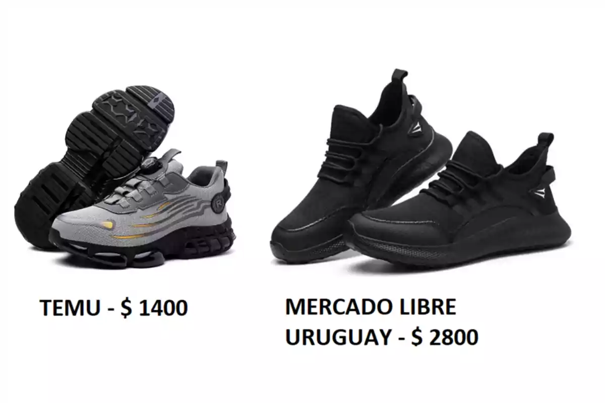 Two pairs of sports shoes, one gray from Temu priced at 00 and another black from Mercado Libre Uruguay priced at 00. Two pairs of sports shoes, one gray from Temu priced at 00 and another black from Mercado Libre Uruguay priced at 00.