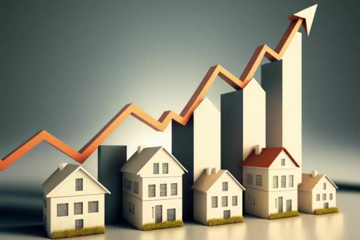 Houses and buildings with an upward arrow representing the increase in real estate value Houses and buildings with an upward arrow representing the increase in real estate value