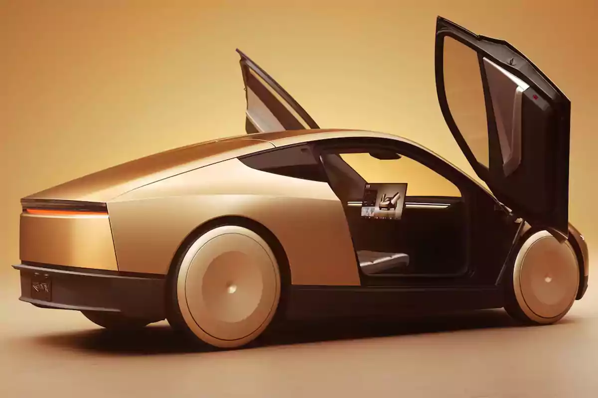 Auto deportivo dorado de diseño futurista con puertas abiertas hacia arriba en un fondo del mismo tono Auto deportivo dorado de diseño futurista con puertas abiertas hacia arriba en un fondo del mismo tono