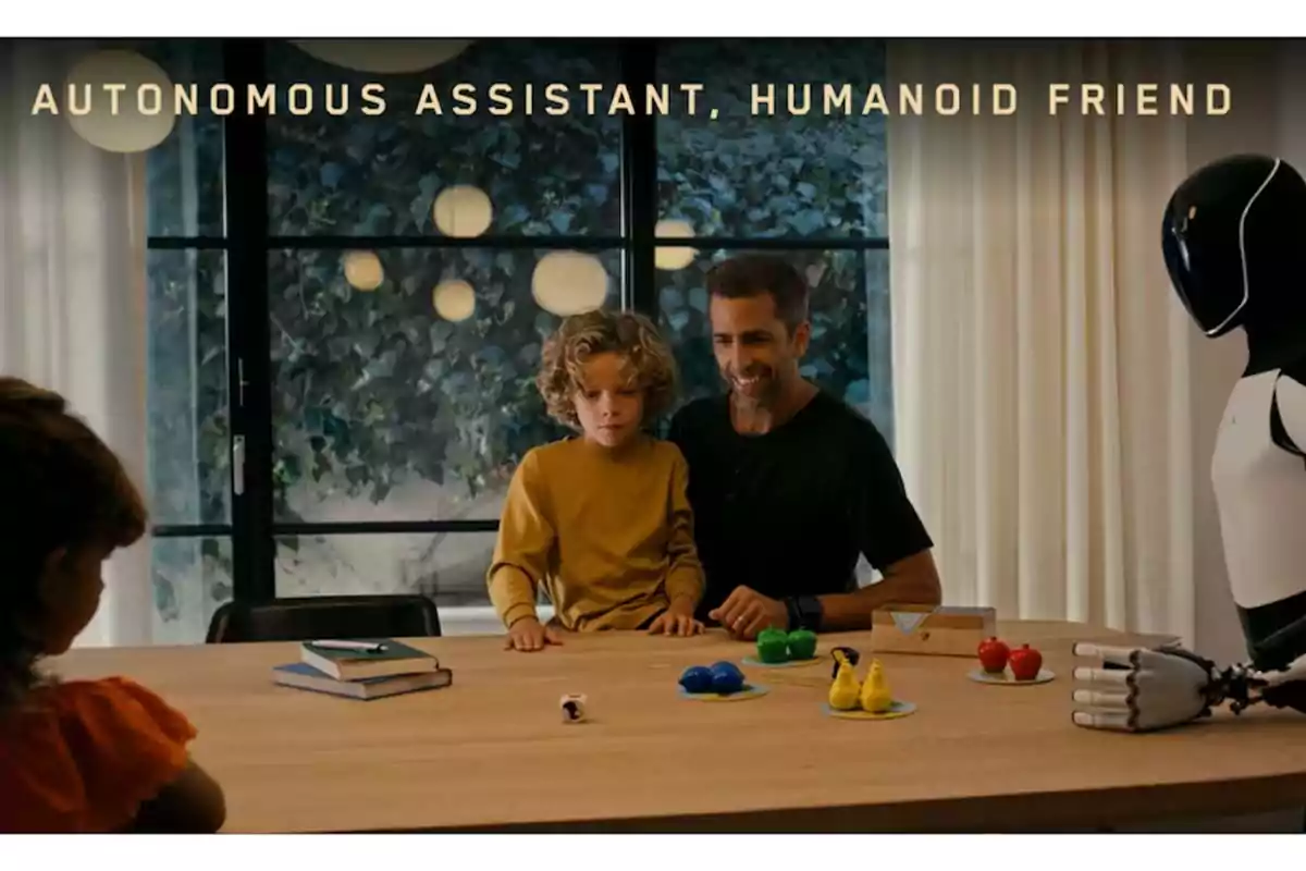 Un niño y un adulto sentados en una mesa con un robot humanoide al lado, rodeados de juguetes y libros. Un niño y un adulto sentados en una mesa con un robot humanoide al lado, rodeados de juguetes y libros.