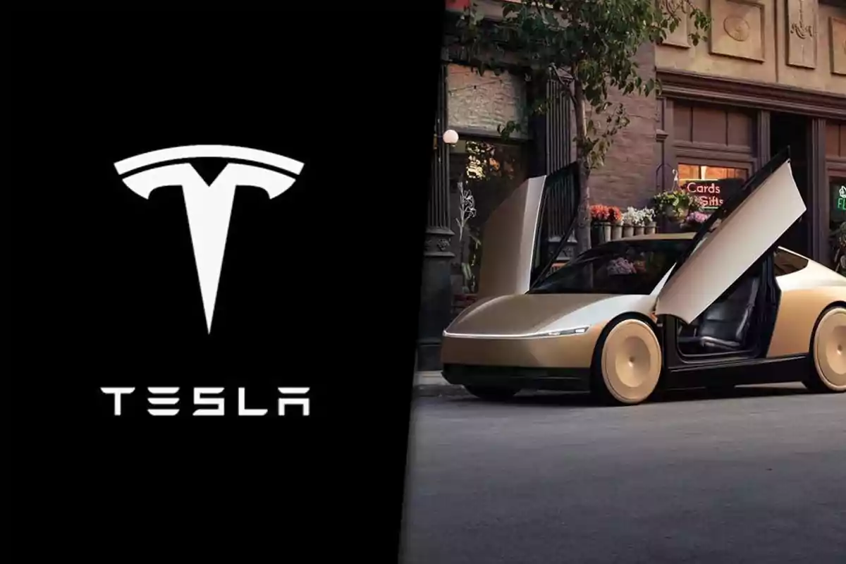 Logotipo de Tesla en fondo negro junto a un auto eléctrico dorado con puertas abiertas hacia arriba estacionado en una calle urbana