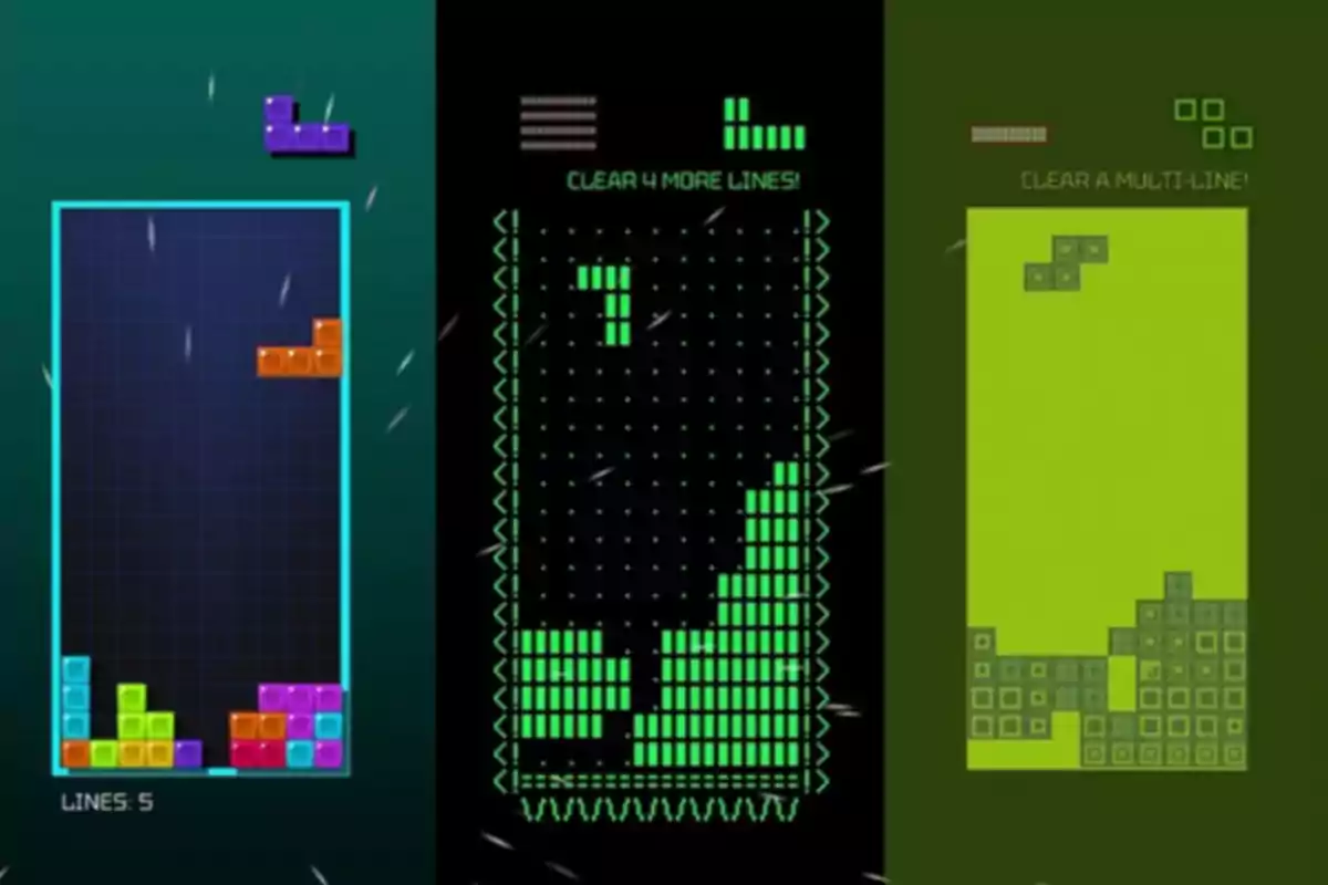 Tres pantallas de Tetris con diferentes estilos visuales y objetivos de juego.