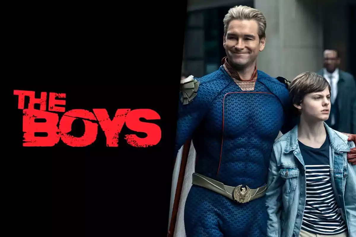 Cover of the series "The Boys" with a character in a blue suit hugging a young man.