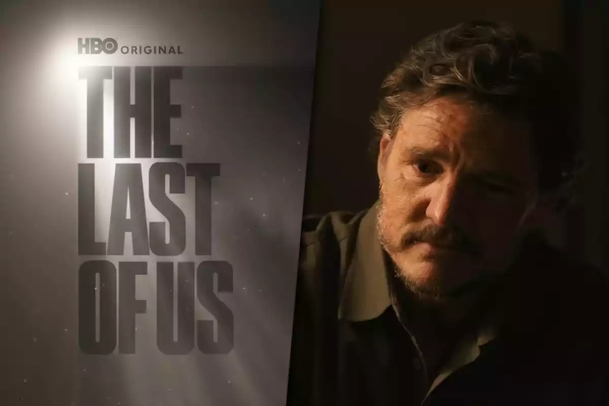 Imagen dividida en dos partes: a la izquierda, el logotipo de "The Last of Us" de HBO Original; a la derecha, un hombre con expresión seria y barba, iluminado con luz tenue.