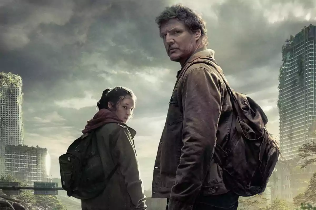 Two people with backpacks look back in a post-apocalyptic city with buildings covered in vegetation and a cloudy sky. Two people with backpacks look back in a post-apocalyptic city with buildings covered in vegetation and a cloudy sky.