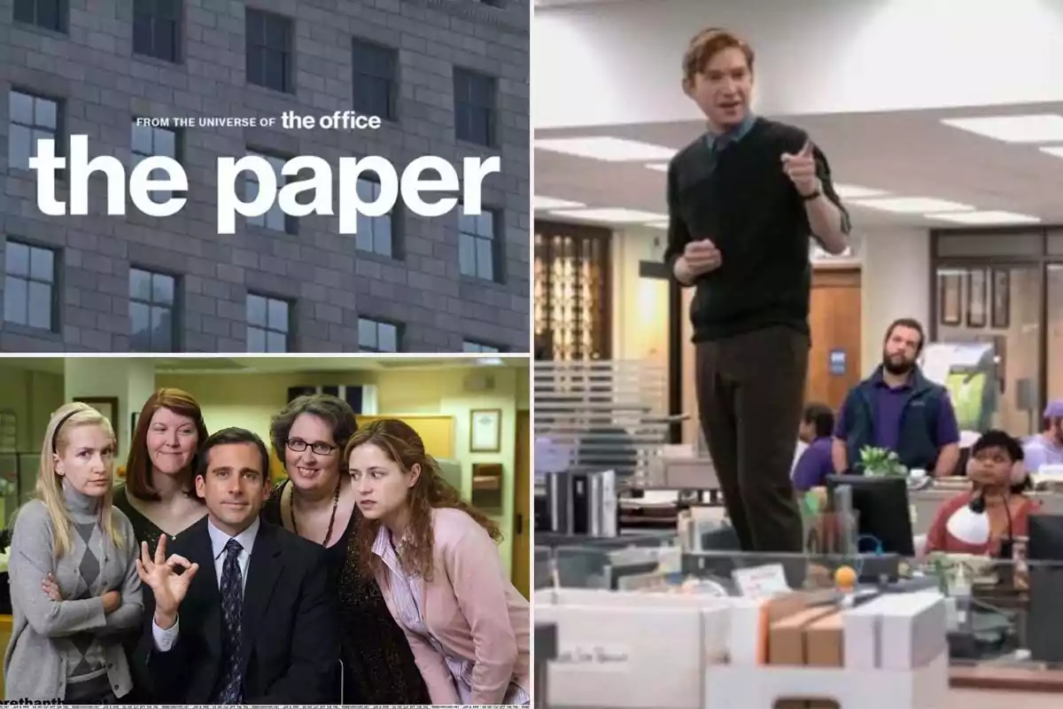 Una imagen que muestra un collage relacionado con una serie de oficina, con un edificio de fondo, un grupo de personas posando y una escena en una oficina con un hombre hablando.