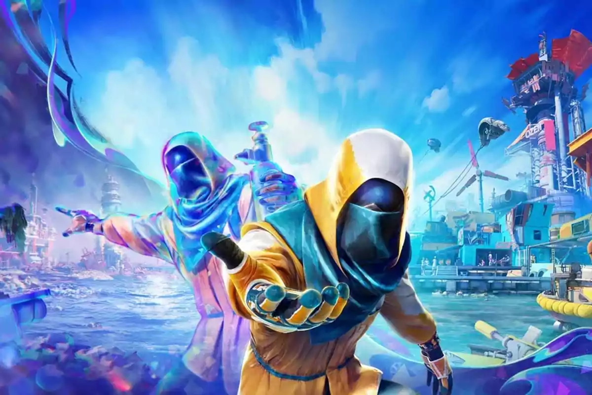 Two hooded characters in futuristic suits with bright colors pose in an aquatic environment with technological structures and a deep blue sky. Two hooded characters in futuristic suits with bright colors pose in an aquatic environment with technological structures and a deep blue sky.