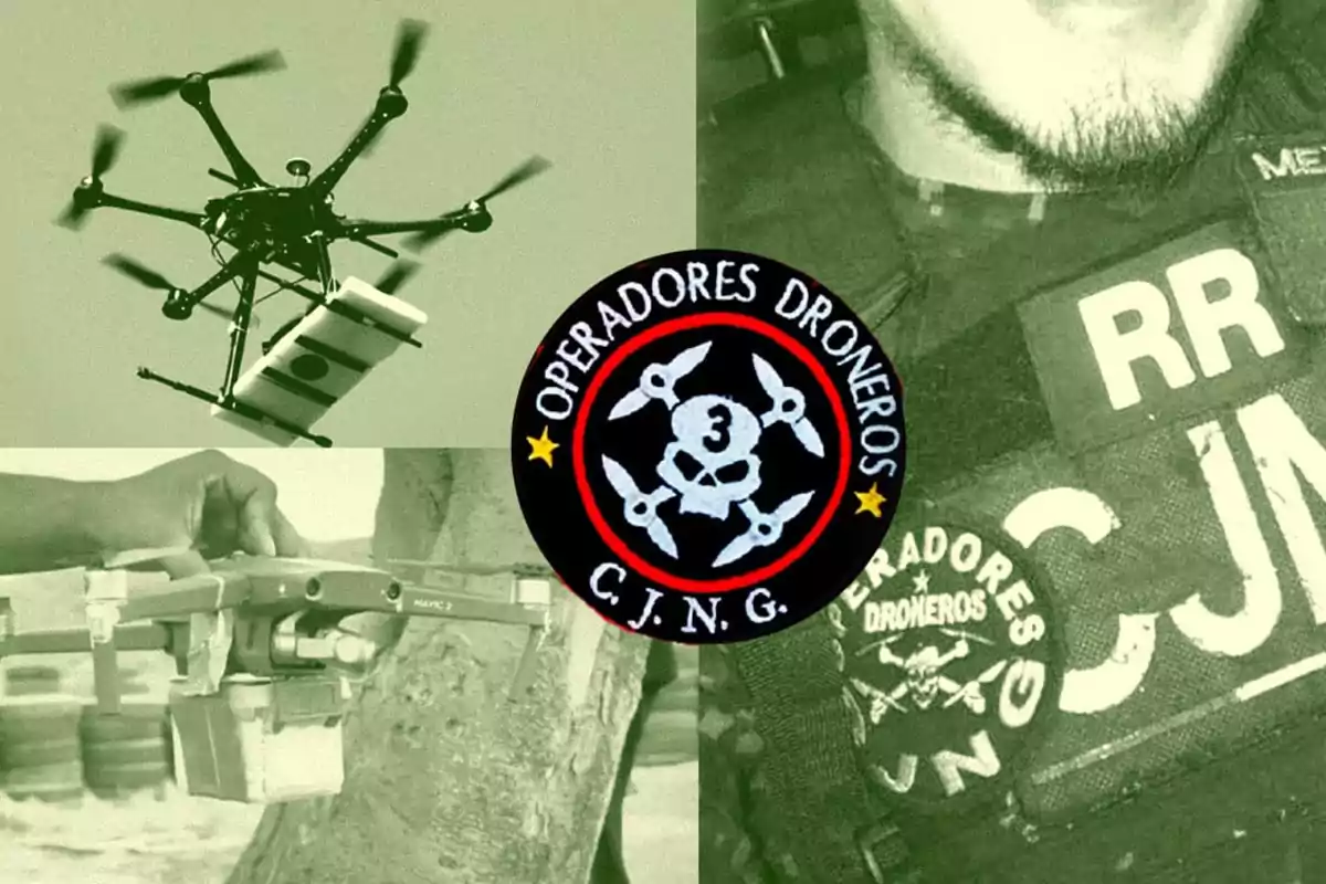 The image shows a collage with a drone in flight, a circular emblem with text, and a tactical vest with inscriptions.