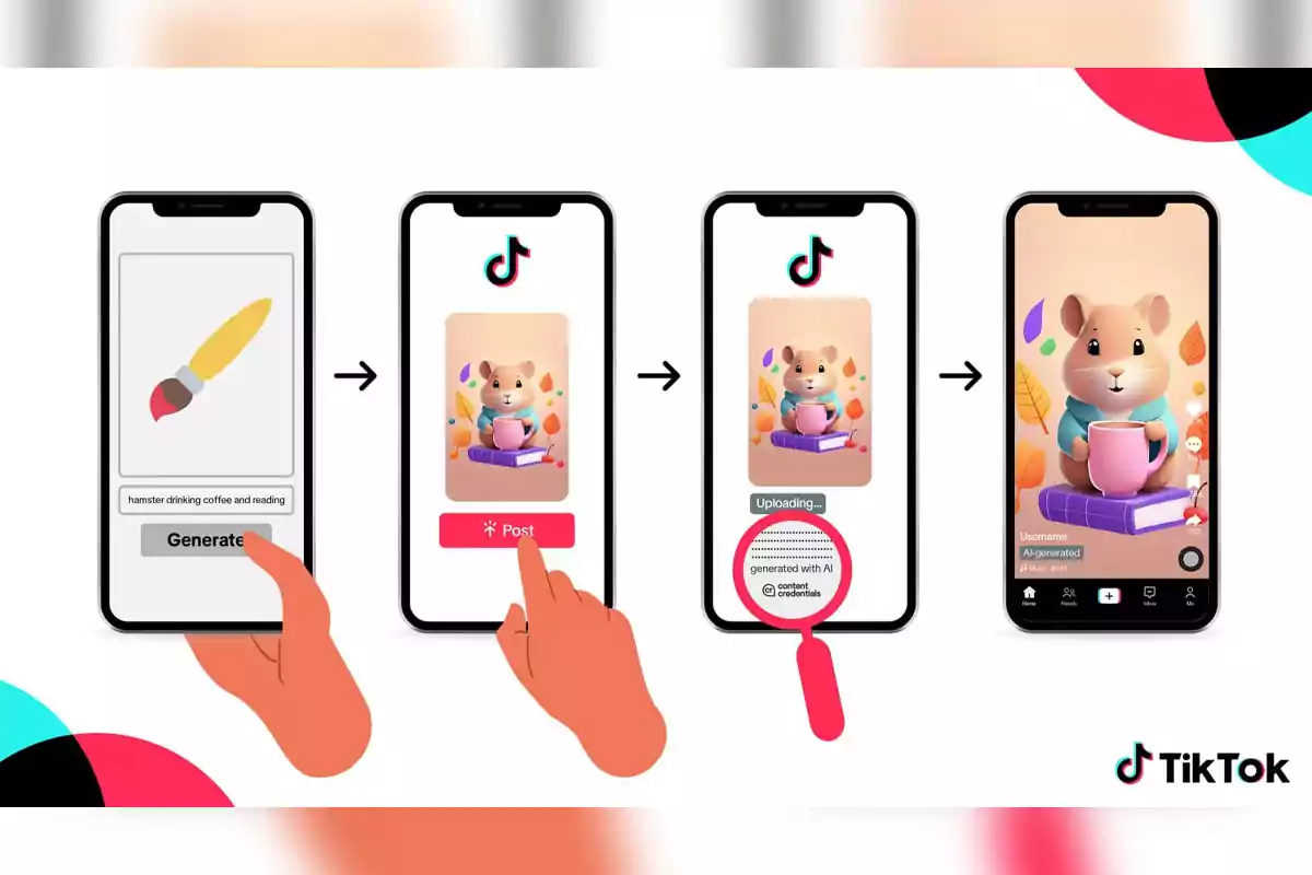 The image shows a process of generating digital art on a mobile phone, where an image of a hamster with a cup and a book is created, published on TikTok, and indicated to have been caused with artificial intelligence. The image shows a process of generating digital art on a mobile phone, where an image of a hamster with a cup and a book is created, published on TikTok, and indicated to have been caused with artificial intelligence.