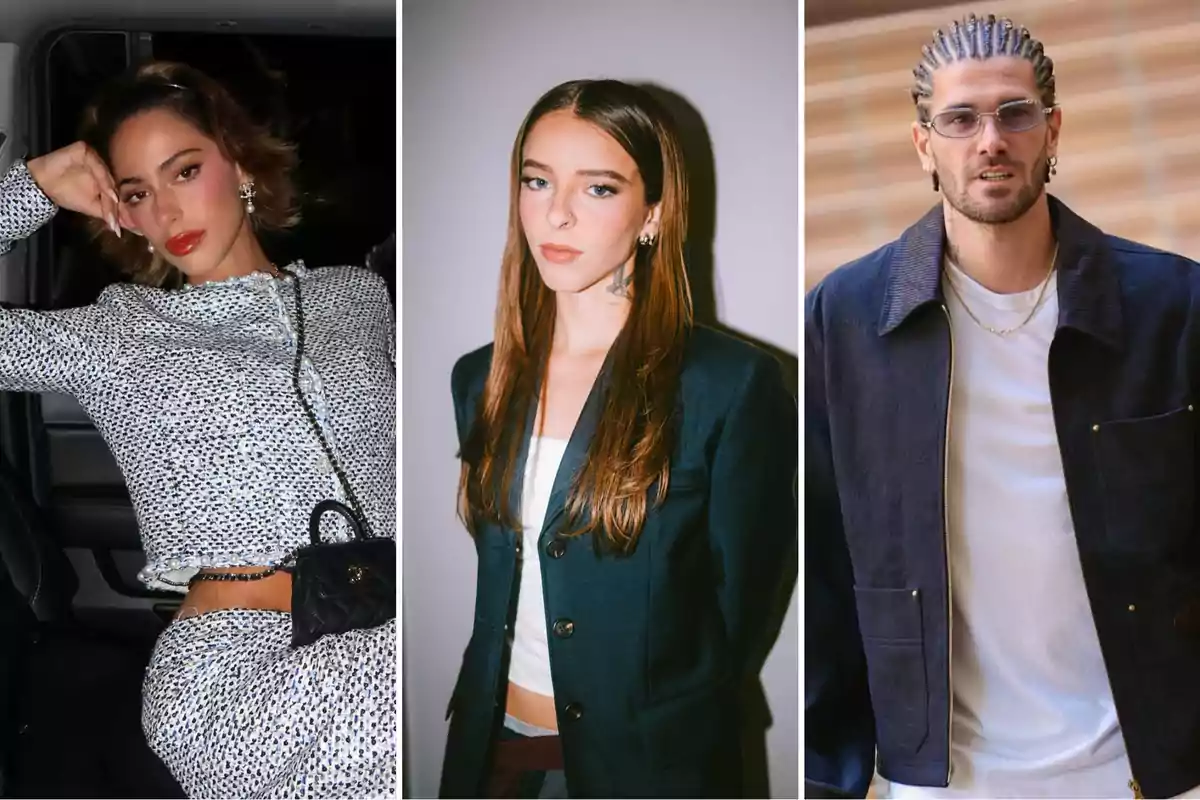 Three people posing in different fashion styles, a woman in a patterned outfit, another in a dark blazer, and a man with braids and a casual jacket.