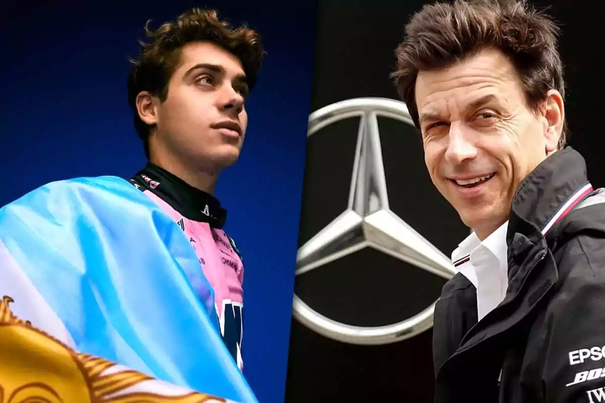 Two men, one with an Argentine flag and the other with a Mercedes jacket, pose in a photo montage.