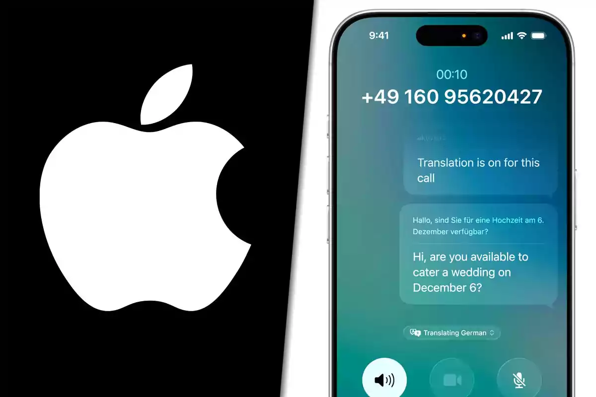 Logo de Apple a la izquierda y un iPhone a la derecha mostrando una llamada con traducción en tiempo real de alemán a inglés