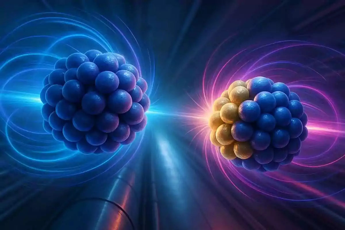 Dos esferas compuestas por múltiples esferas más pequeñas rodeadas de efectos de energía azul y rosa en un entorno futurista. Dos esferas compuestas por múltiples esferas más pequeñas rodeadas de efectos de energía azul y rosa en un entorno futurista.