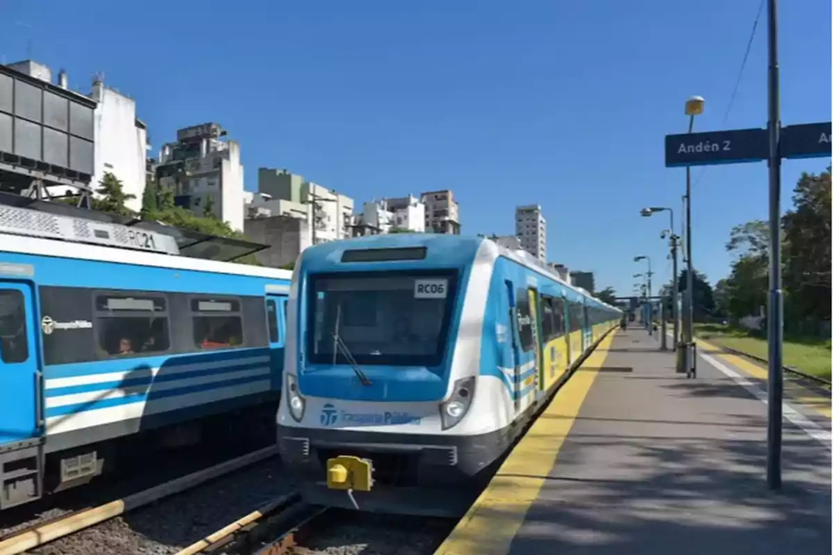 Un tren azul y blanco está detenido en una estación con edificios al fondo y un cielo despejado.