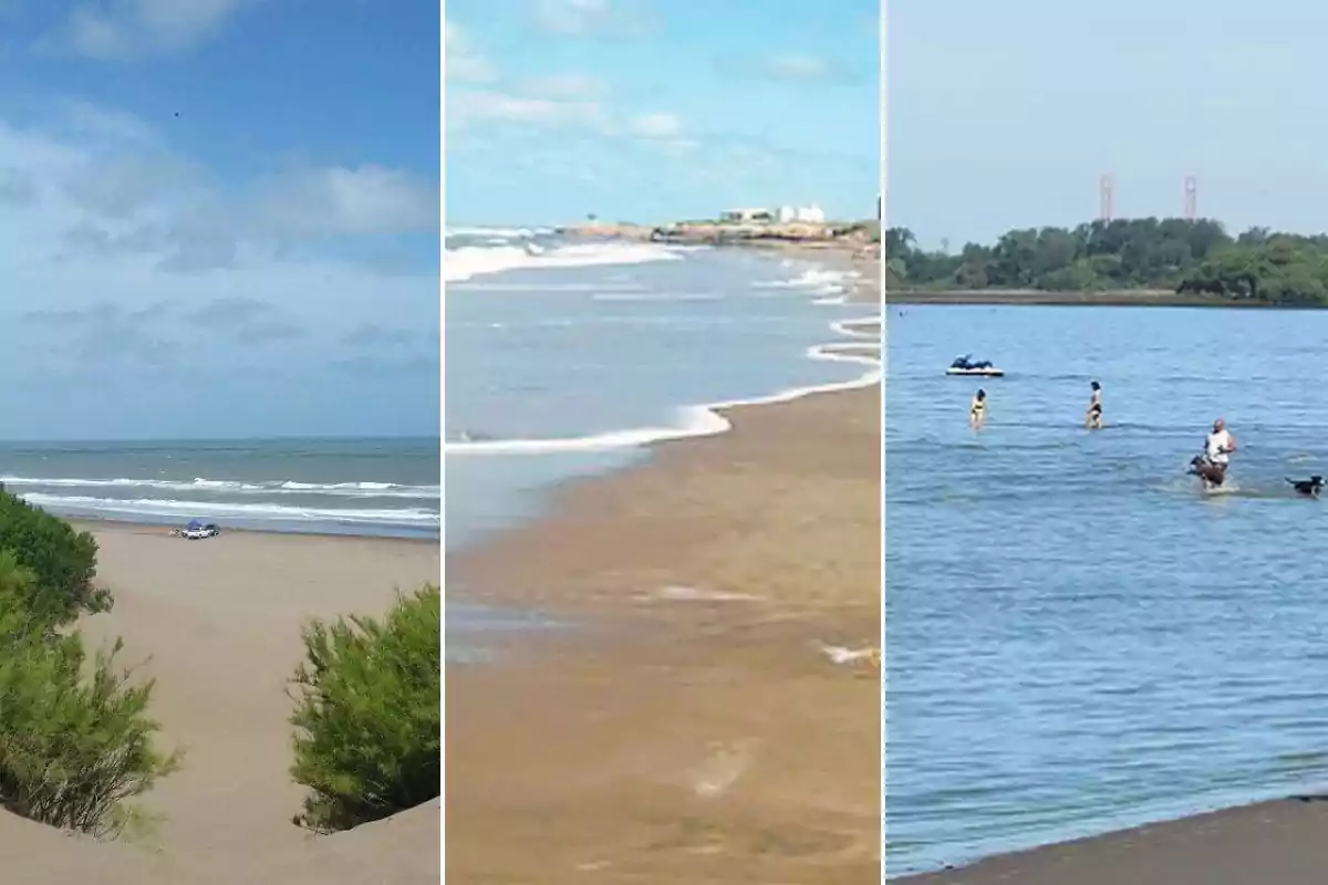 Tres imágenes de playas tranquilas en Buenos Aires con arena y mar bajo un cielo azul para planificar vacaciones en el verano 2025