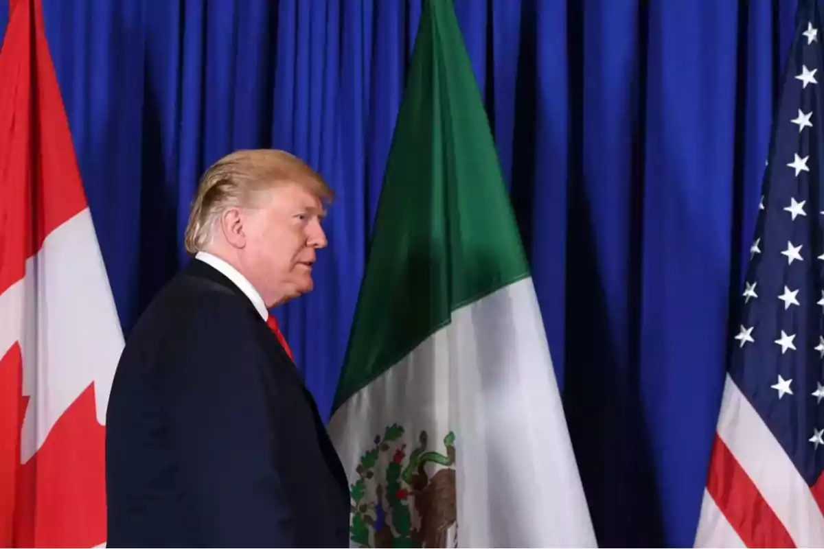 Un hombre de perfil frente a las banderas de Canadá, México y Estados Unidos.