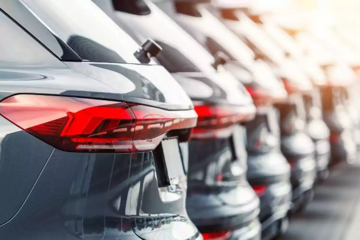 Fila de autos estacionados con luces traseras rojas brillando bajo la luz del sol.