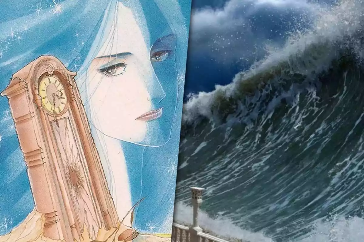 Ilustración de una mujer de estilo manga con cabello azul junto a un reloj antiguo roto y una gran ola de mar al fondo