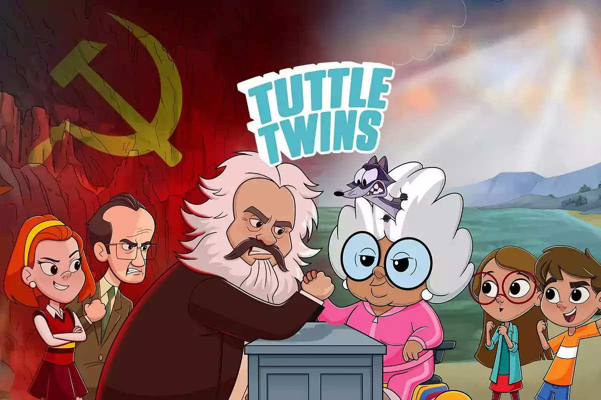 Ilustración de dos grupos de personajes animados enfrentados en una competencia de pulsos, con un fondo dividido entre un paisaje natural y un ambiente rojo con una hoz y un martillo, y el título Tuttle Twins en la parte superior Ilustración de dos grupos de personajes animados enfrentados en una competencia de pulsos, con un fondo dividido entre un paisaje natural y un ambiente rojo con una hoz y un martillo, y el título Tuttle Twins en la parte superior