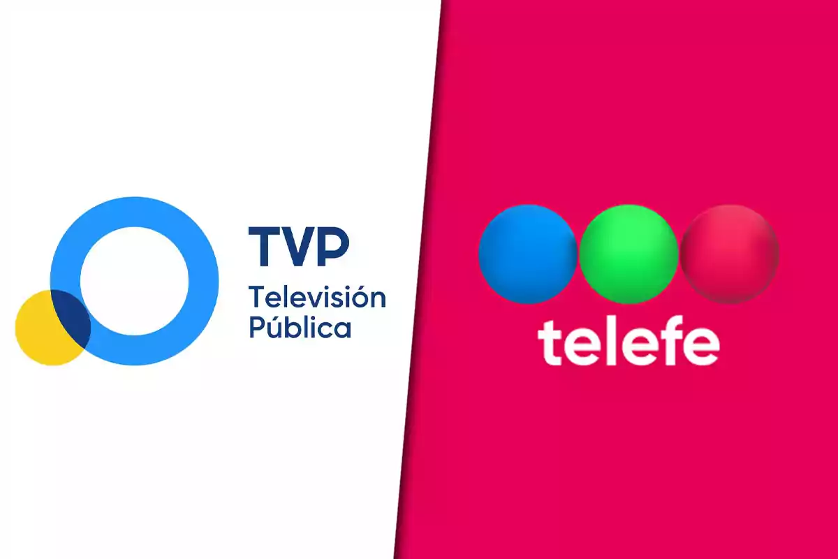 TVP and Telefe logos in a vertically split design, with a white and pink background.