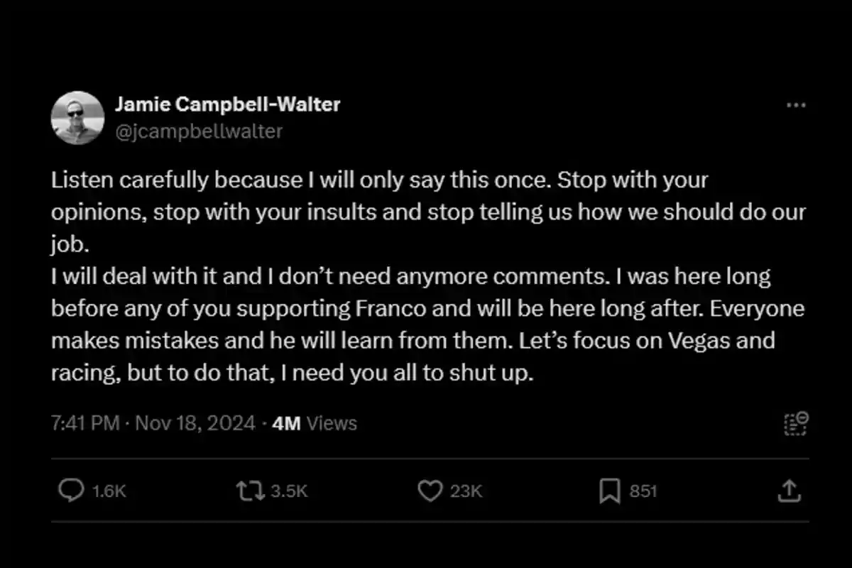 Captura de pantalla de un tuit de Jamie Campbell-Walter en el que pide a la gente que deje de opinar e insultar sobre su trabajo y que se concentren en las carreras en Las Vegas.