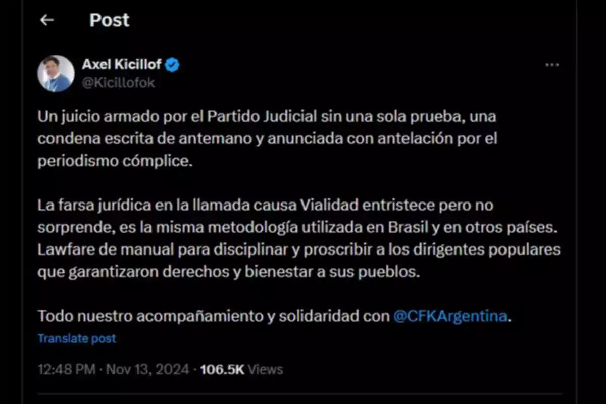 Un post de Axel Kicillof criticando un juicio que considera injusto y expresando solidaridad con CFKArgentina.