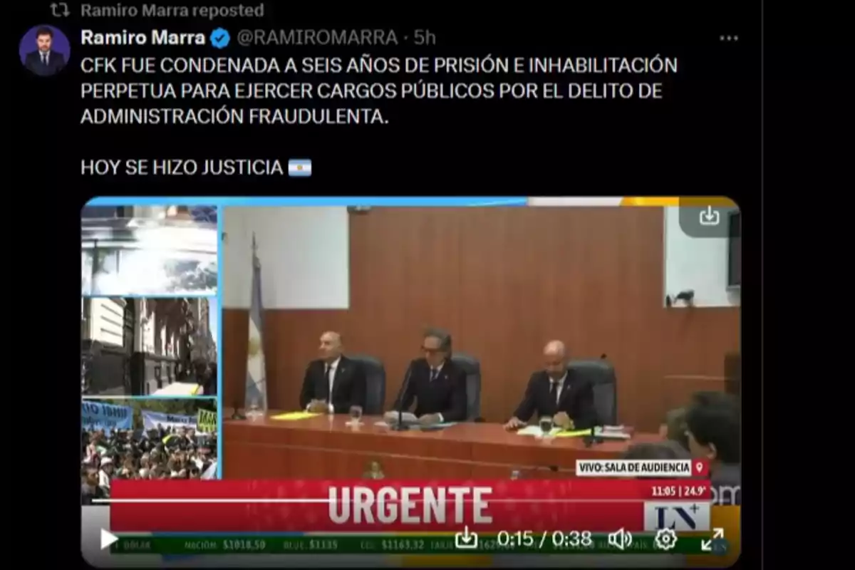 Captura de pantalla de un tuit de Ramiro Marra que informa sobre una condena de seis años de prisión e inhabilitación perpetua para ejercer cargos públicos por administración fraudulenta, acompañado de una imagen de una sala de audiencia con jueces y la palabra 