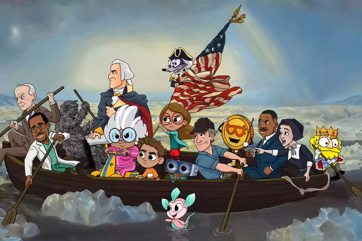 Un grupo de personajes animados, algunos históricos y otros ficticios, navegan juntos en un bote sobre un río mientras uno de ellos sostiene una bandera de Estados Unidos Un grupo de personajes animados, algunos históricos y otros ficticios, navegan juntos en un bote sobre un río mientras uno de ellos sostiene una bandera de Estados Unidos
