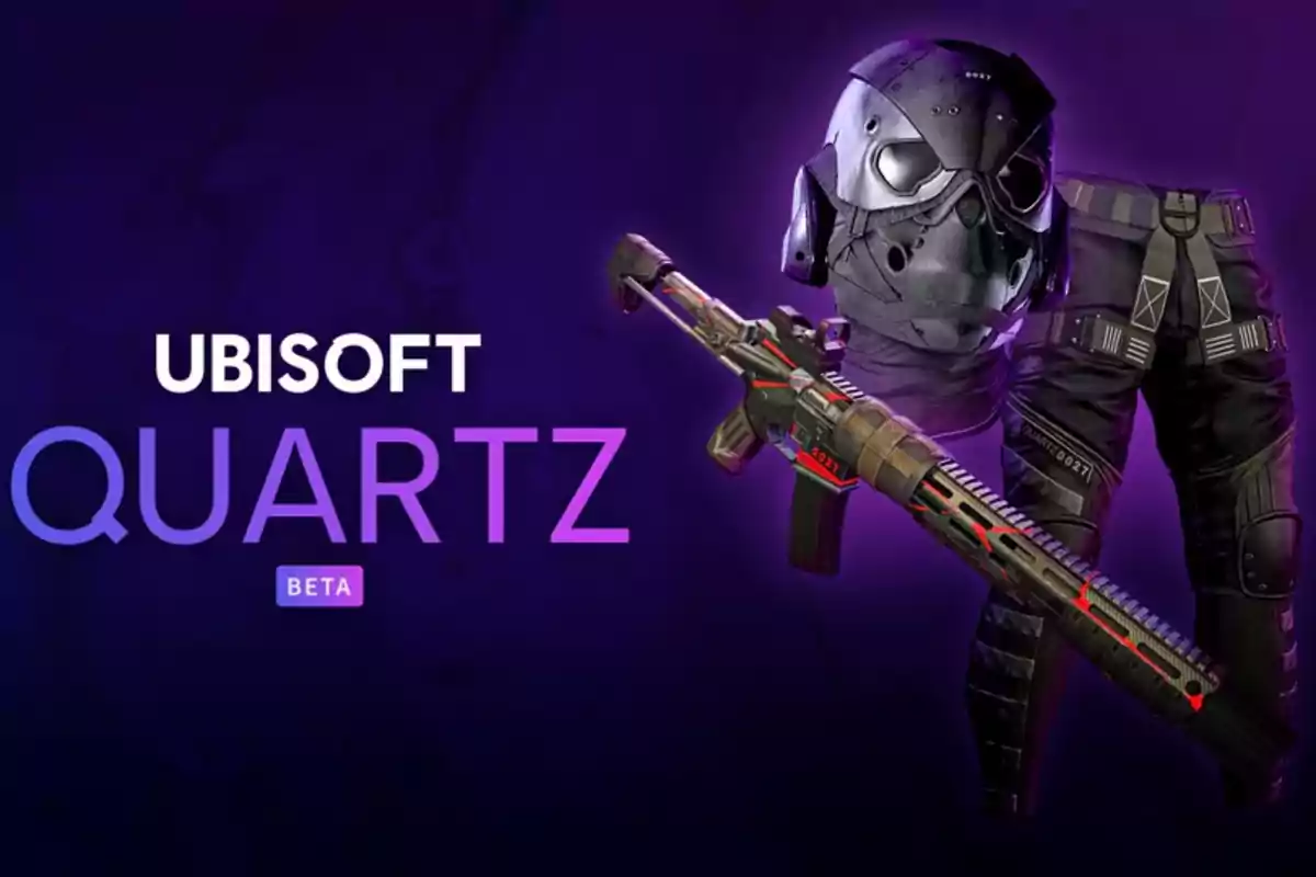 Imagen promocional de Ubisoft Quartz Beta con un casco, pantalones tácticos y un rifle sobre un fondo morado.