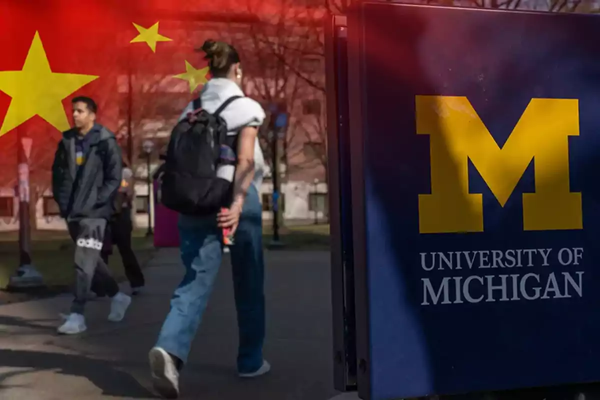 Students walking on the University of Michigan campus with the flag of China superimposed on the image Students walking on the University of Michigan campus with the flag of China superimposed on the image