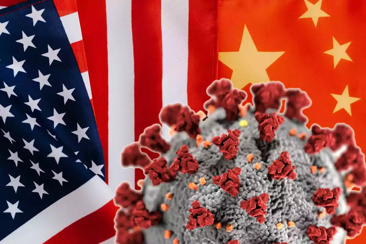 United States flag and China flag in the background with an illustration of a virus in the foreground