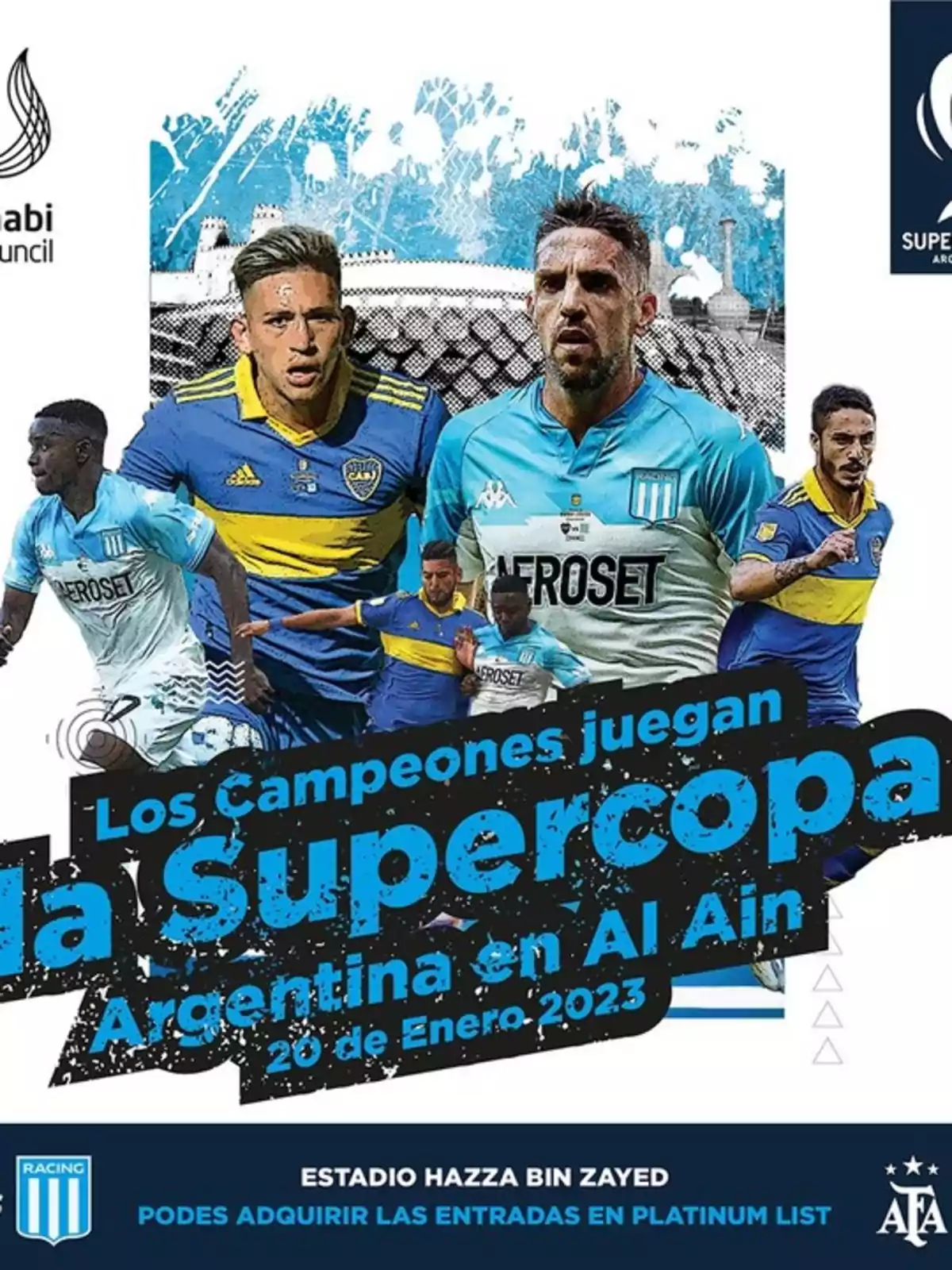 Promotional poster for the 2023 Argentine Super Cup in Al Ain featuring players from Boca Juniors and Racing Club, highlighting the date of January 20 and the Hazza Bin Zayed Stadium.