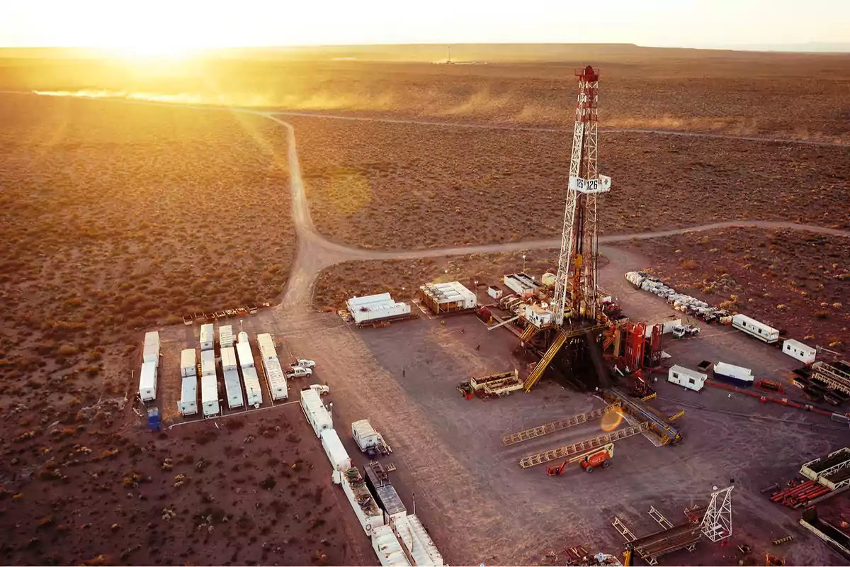 Vista aérea de una plataforma de perforación en un paisaje desértico al atardecer.