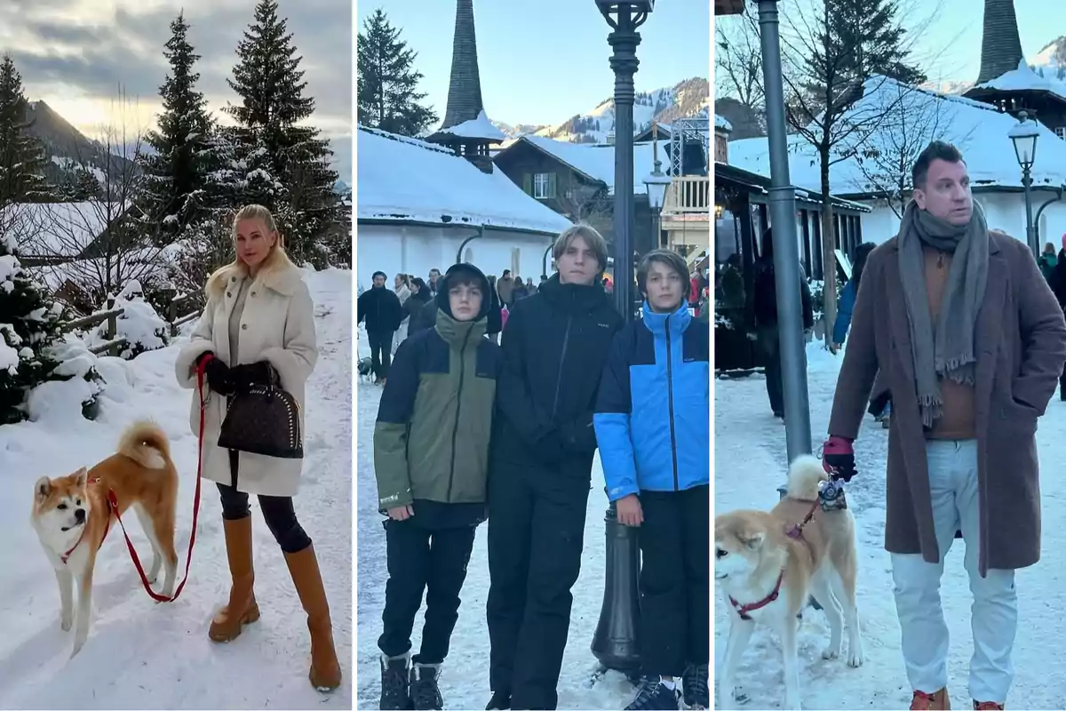 Una mujer con un perro en un paisaje nevado, tres jóvenes posando en una calle nevada y un hombre con un perro en un entorno similar.