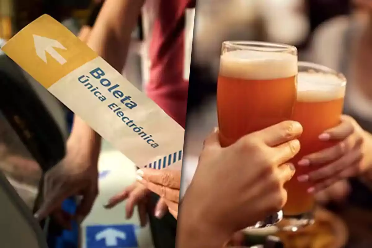 Una mano sostiene una boleta única electrónica mientras otras manos brindan con vasos de cerveza.