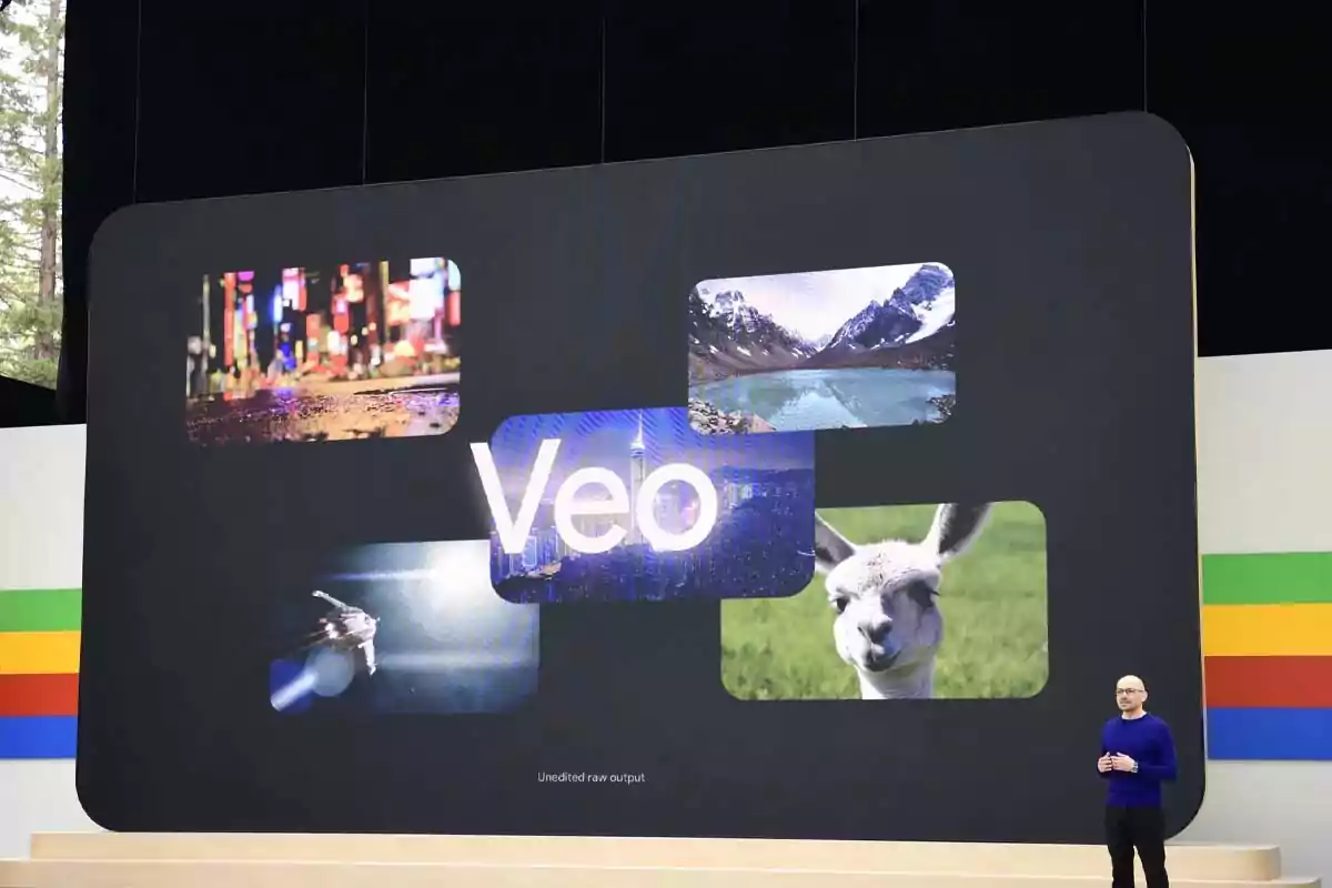 Una persona de pie en un escenario junto a una pantalla grande que muestra varias imágenes pequeñas y la palabra Una persona de pie en un escenario junto a una pantalla grande que muestra varias imágenes pequeñas y la palabra