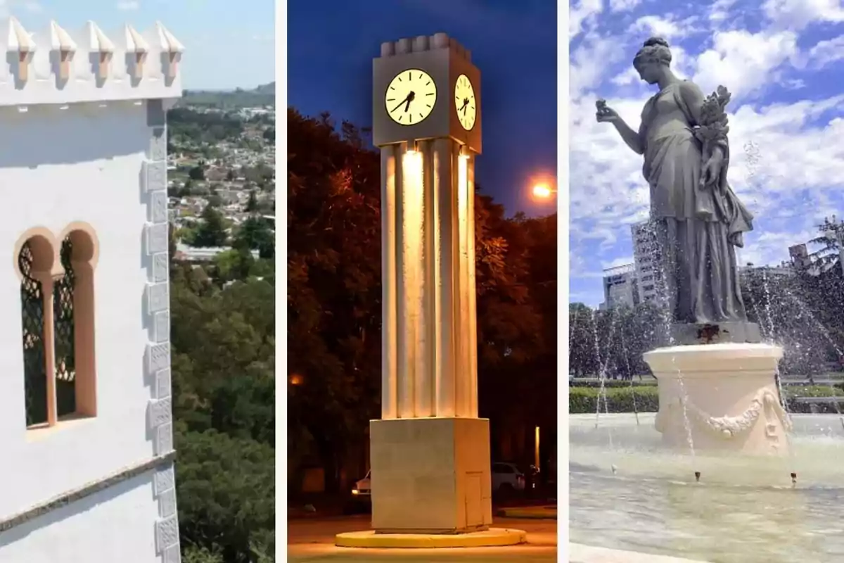 Una torre blanca con ventanas arqueadas en Tandil, un reloj iluminado en una columna en Chascomús y una estatua de una figura femenina en una fuente en La Plata. Destinos para visitar cerca de Buenos Aires en las vacaciones de Verano 2025.