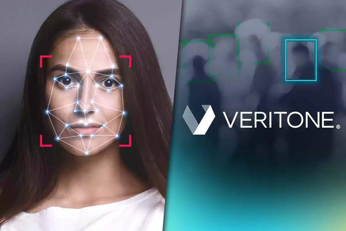 Una mujer con un esquema de reconocimiento facial superpuesto en su rostro junto al logo de Veritone en un fondo abstracto.