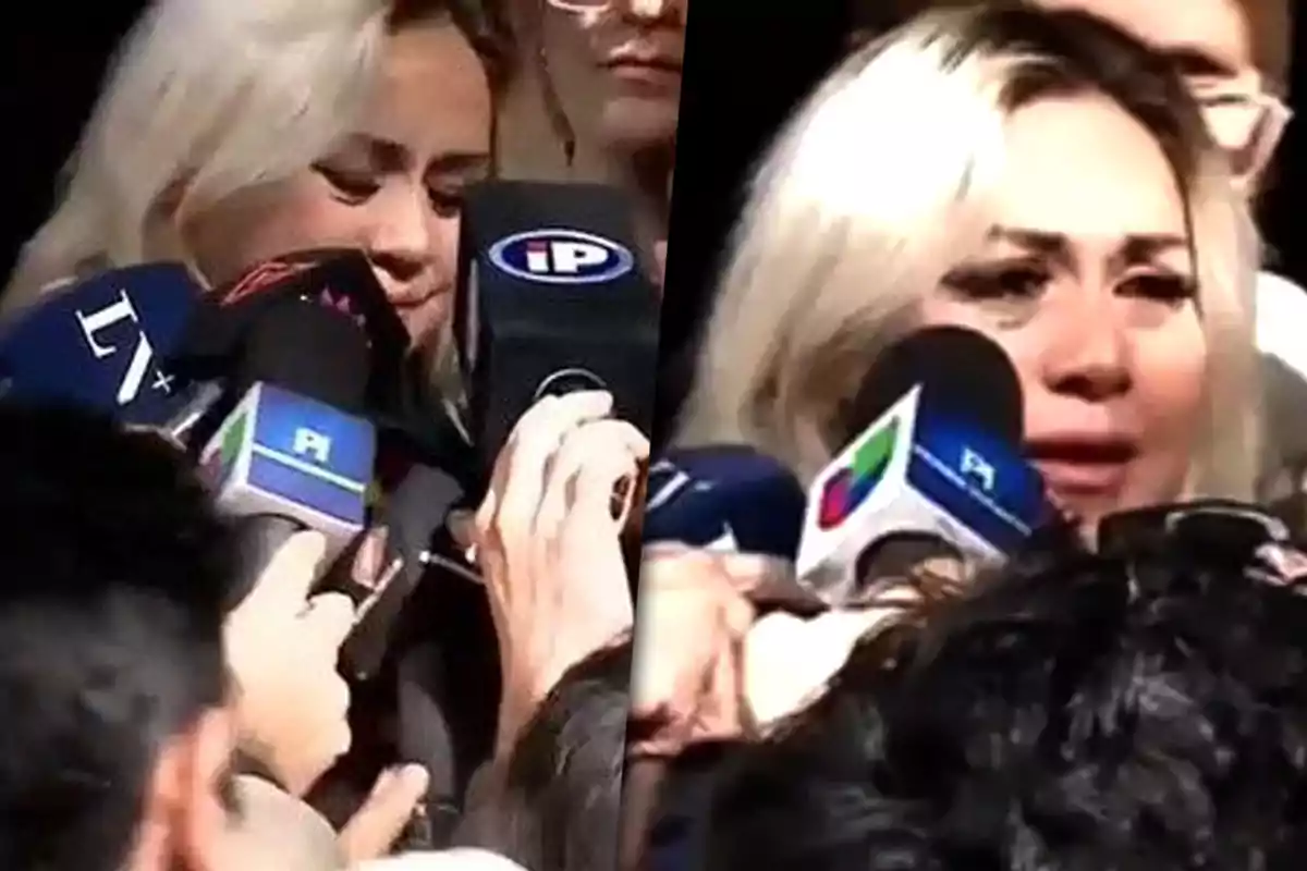 A woman surrounded by microphones from different media outlets during an interview.