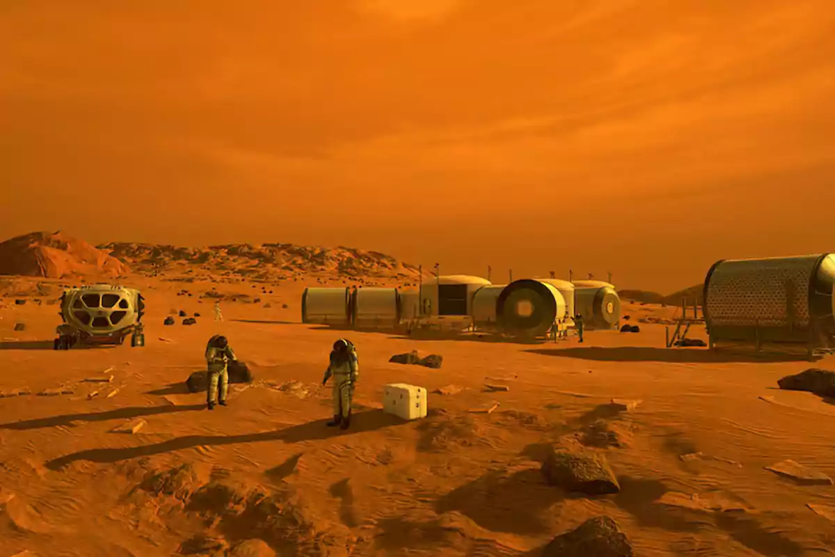 Una base espacial en un paisaje marciano con astronautas y módulos habitacionales bajo un cielo anaranjado. Una base espacial en un paisaje marciano con astronautas y módulos habitacionales bajo un cielo anaranjado.
