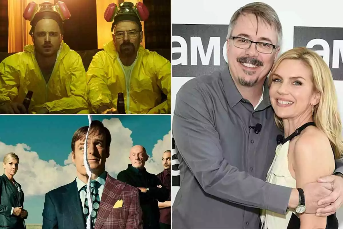 Collage compuesto por imágenes de "Breaking Bad", "Better Call Saul" y una foto de Vince Gilligan junto a Rhea Seehorn.