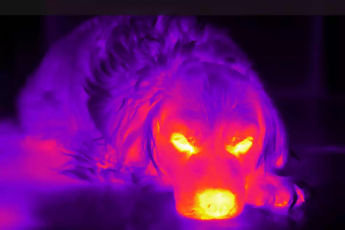 Dog lying down seen through a thermal camera with colors ranging from purple to yellow according to temperature Dog lying down seen through a thermal camera with colors ranging from purple to yellow according to temperature