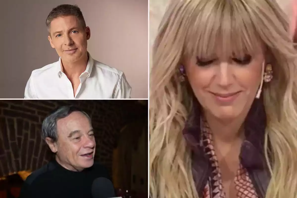 Three people in a collage: a man with short hair and a white jersey, a blonde woman with headphones, and an older man with gray hair speaking in front of a microphone.