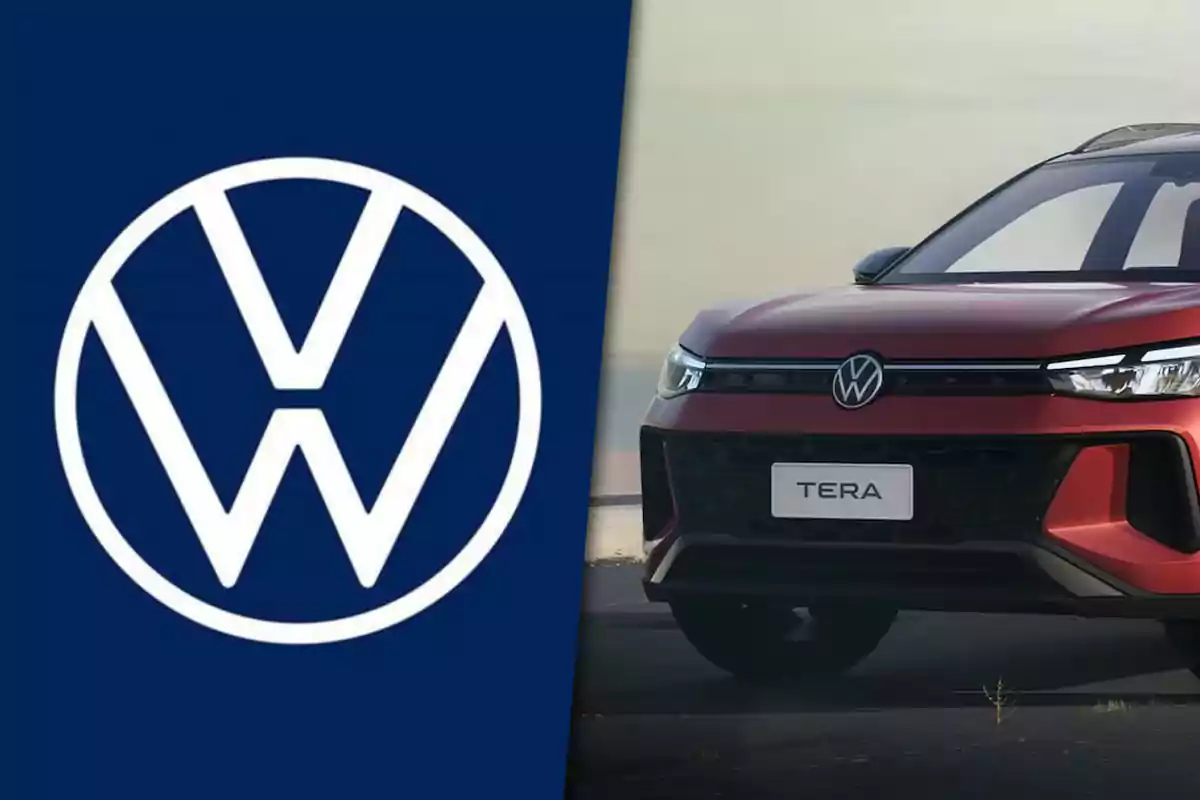 Volkswagen logo next to a red car with a license plate that says Tera.