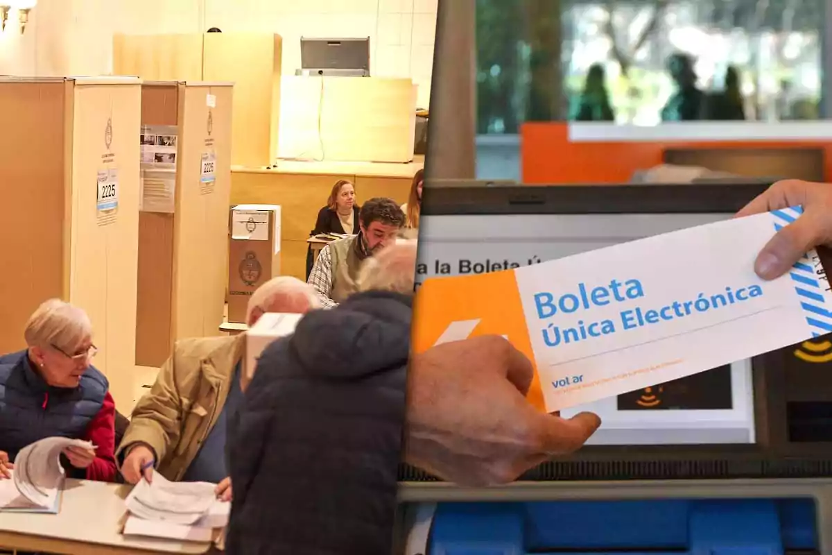 Personas participando en un proceso de votación en un centro electoral, con cabinas de votación y una boleta única electrónica.