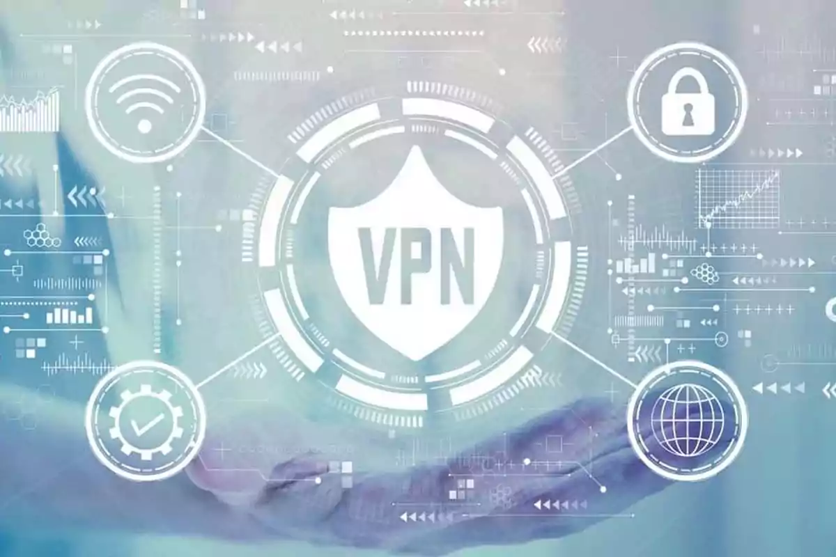 Shield with the letters VPN in the center surrounded by technology icons and an outstretched hand underneath Shield with the letters VPN in the center surrounded by technology icons and an outstretched hand underneath