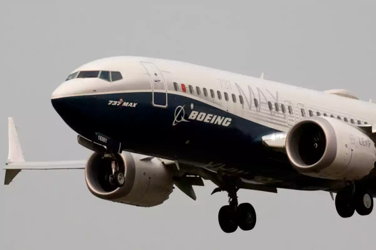 Un avión Boeing 737 MAX en pleno vuelo con el tren de aterrizaje desplegado. Un avión Boeing 737 MAX en pleno vuelo con el tren de aterrizaje desplegado.
